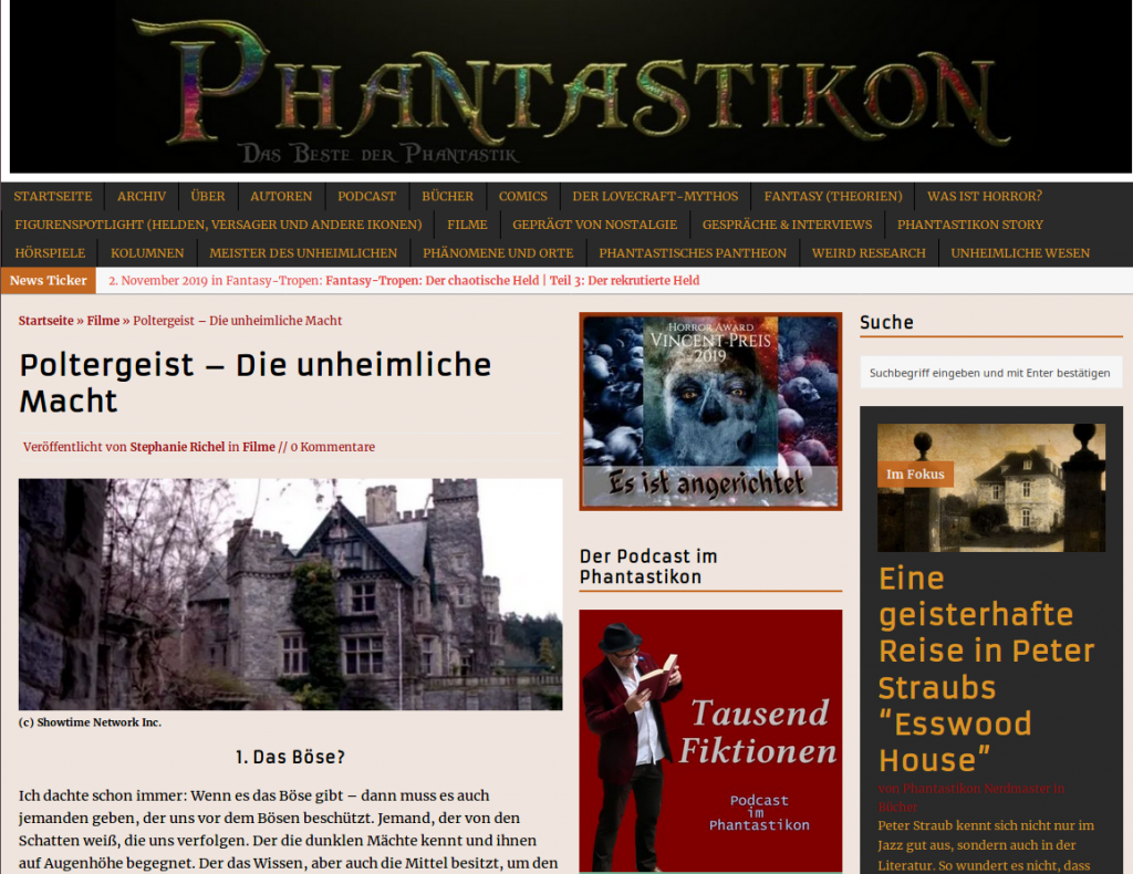 Screenshot meines Artikels über die Serie Poltergeist auf dem Blog Phantastikon - Tausend Fiktionen